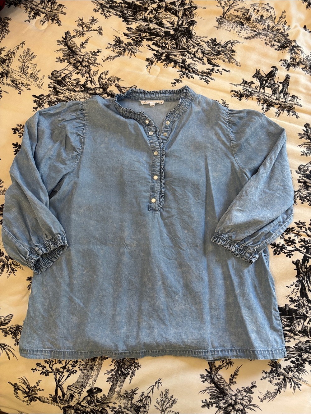 Jane and Delancey Light Blue Denim-Style Ruffle Henley Blouse